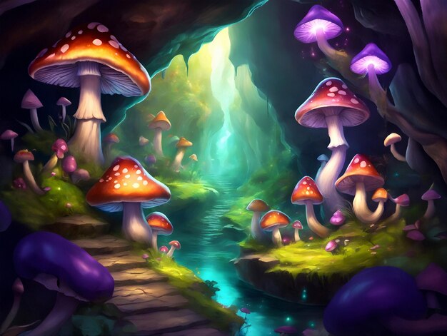 Fantasia cogumelos mágicos em uma caverna ilustração de IA