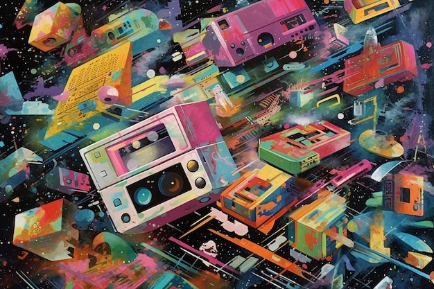 Fantasia colagem jogos de tabuleiro videogames gráficos abstratos pintados à mãoretro 1980's splash art casette