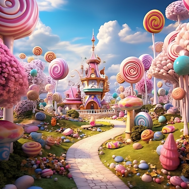 fantasía colorido dulce mágico país de las maravillas paisaje de azúcar y dulces