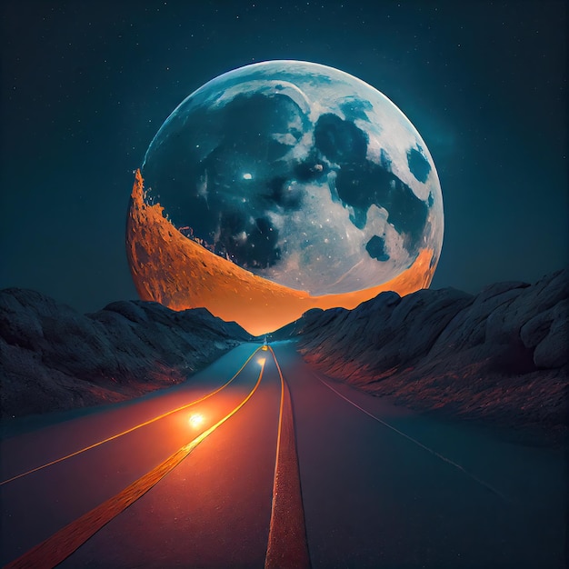 Fantasia conto de fadas Lua cheia ilumina a estrada da noite Luz da lua brilhante Estrada para a lua enorme Desenho Imitação Abstracto Ilustração de IA generativa