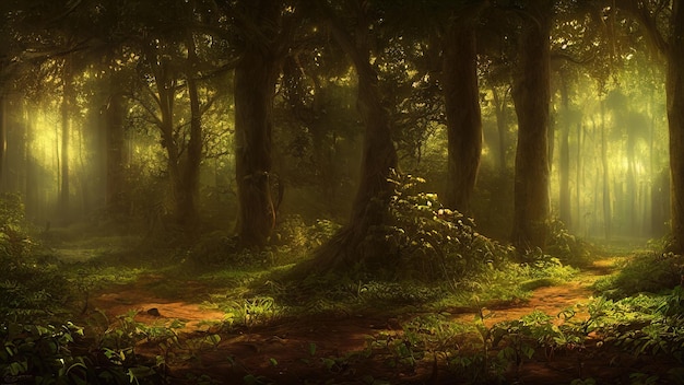 Fantasía cuento de hadas bosque mágico luz de la tarde soleada a través de las ramas de los árboles Árboles mágicos en una zona boscosa Neblina al atardecer plantas musgo y hierba en el bosque Ilustración 3d