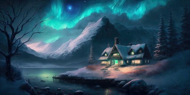 Fantasia da aurora boreal linda cena de inverno gerada por IA