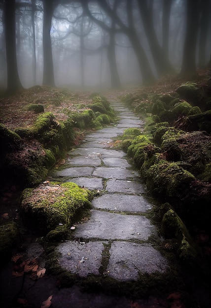 Fantasia de caminho de pedra da floresta escura