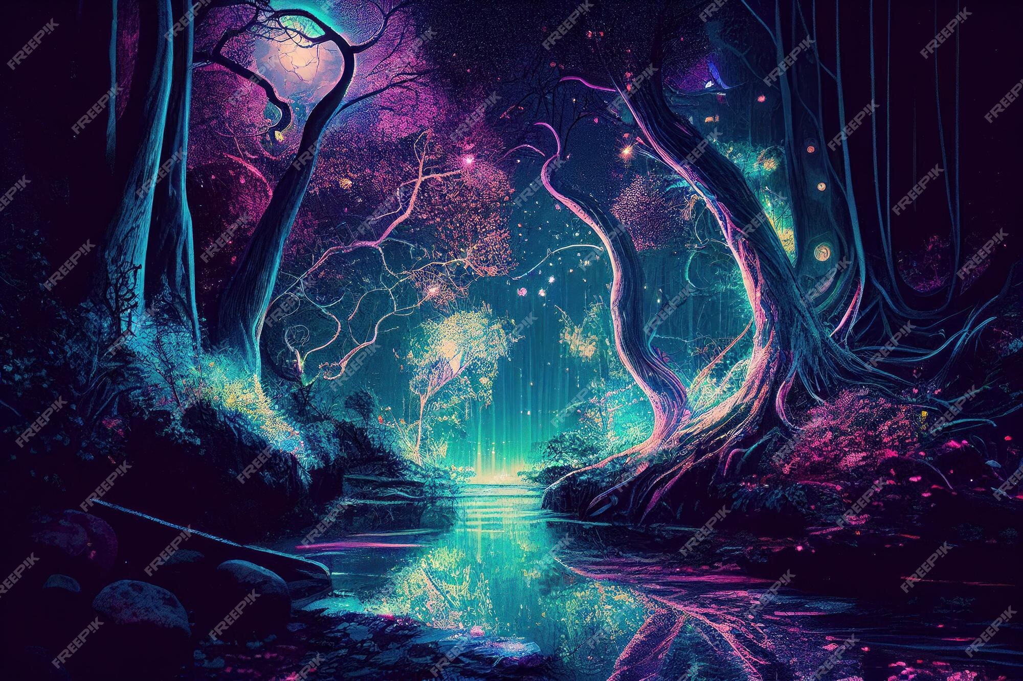 Noite Fantasia Floresta Mágica Paisagem Neon Luz Fada-conto