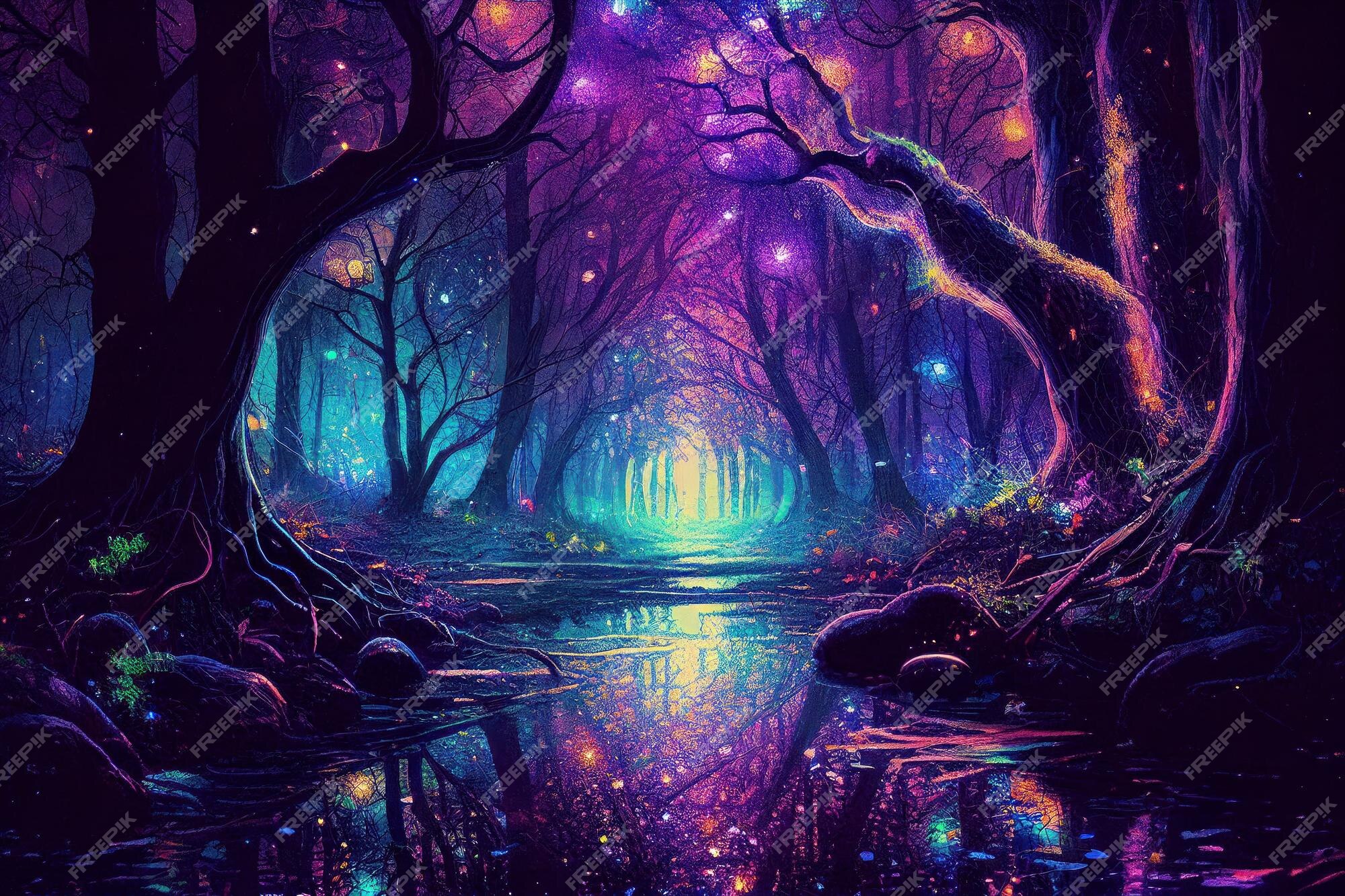 Noite Fantasia Floresta Mágica Paisagem Neon Luz Fada-conto