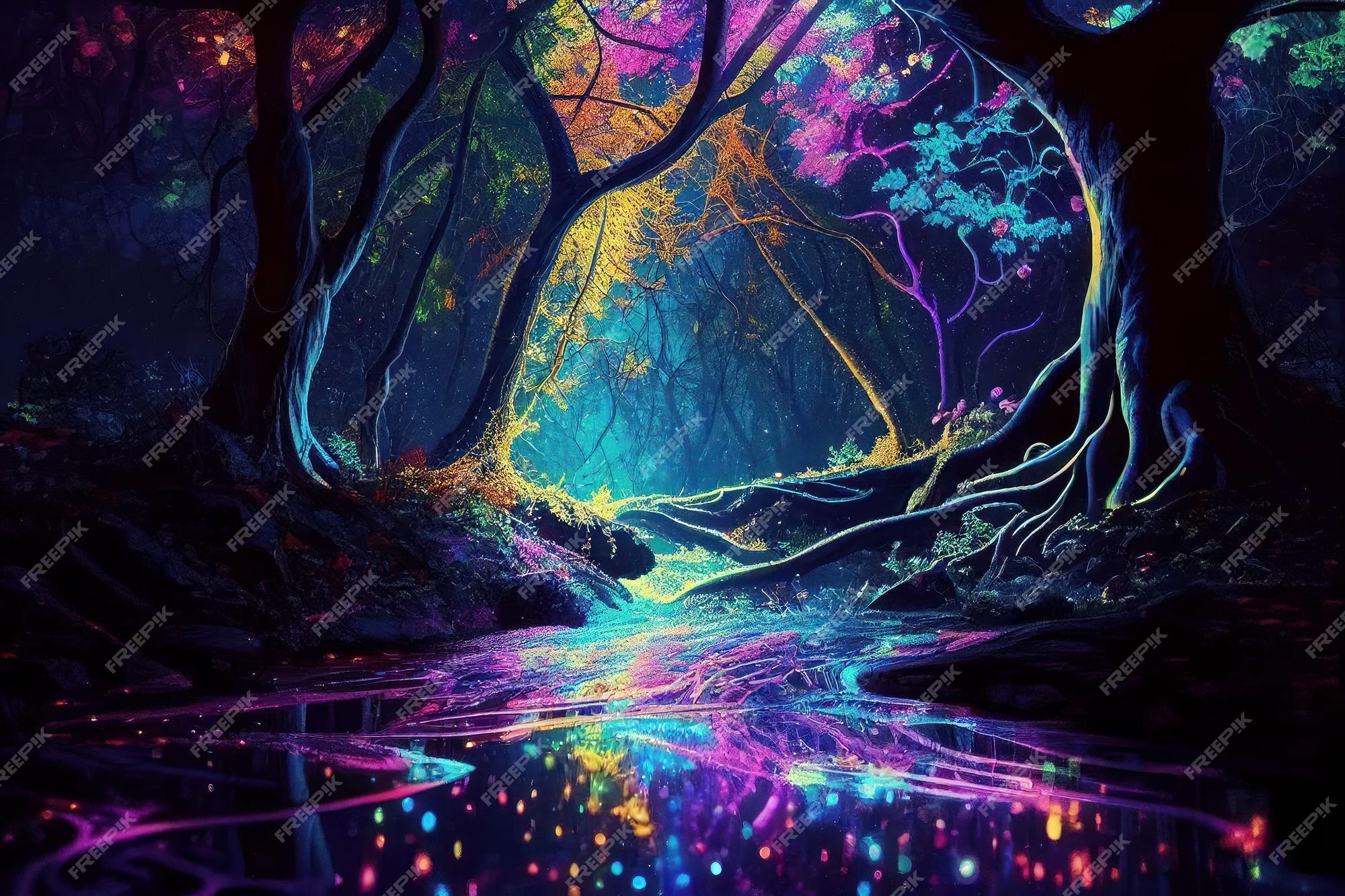 Noite Fantasia Floresta Mágica Paisagem Neon Luz Fada-conto