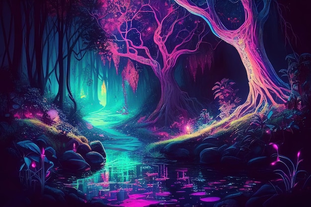 Noite Fantasia Floresta Mágica Paisagem Neon Luz Fada-conto