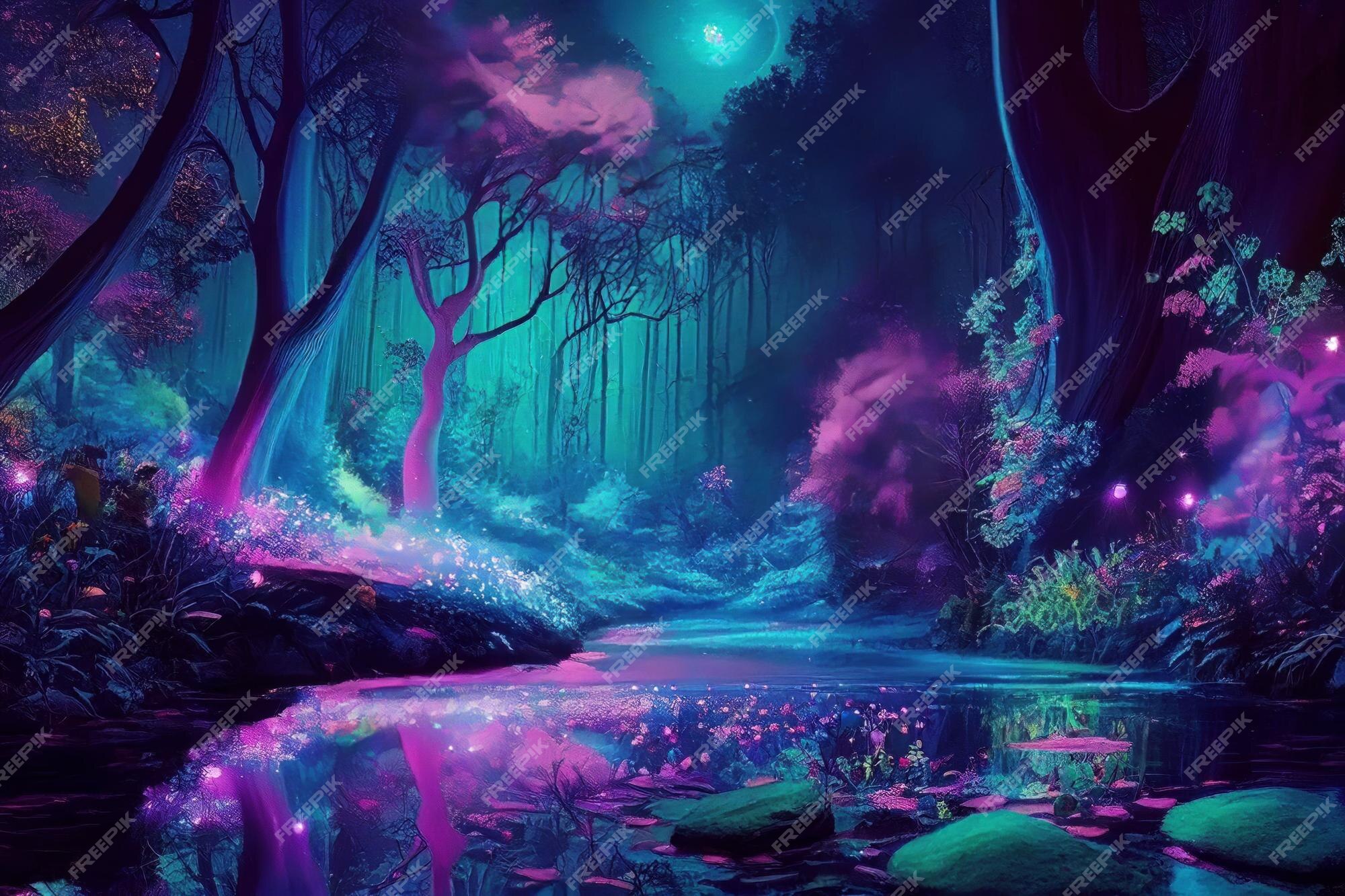 Noite Fantasia Floresta Mágica Paisagem Neon Luz Fada-conto