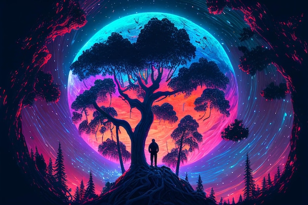 Noite Fantasia Floresta Mágica Paisagem Neon Luz Fada-conto