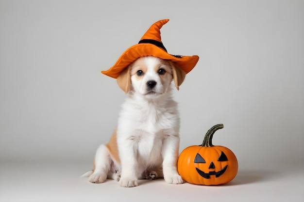 Fantasia de Halloween de cachorrinho adorável e assustador em um fundo branco