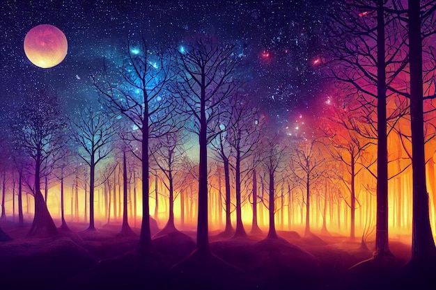 Fantasia de ilustração 2D da floresta de néon no lindo céu. Brilhante colorido parece um conto de fadas.