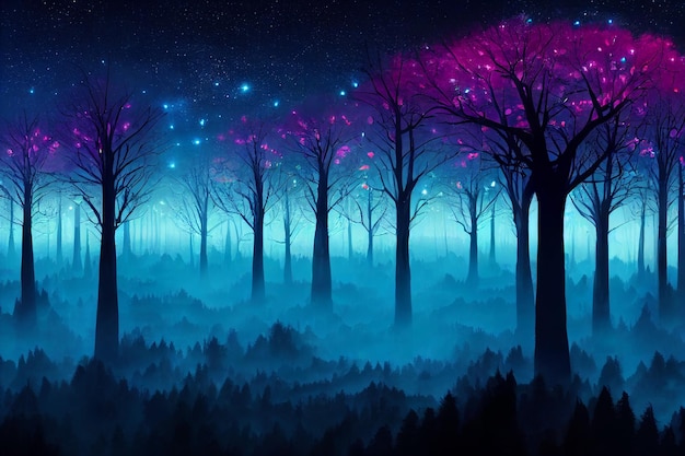 Fantasia de ilustração da floresta de néon Brilhante colorido parece um conto de fadas