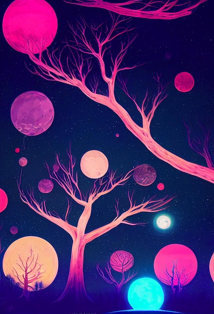 Fantasia de ilustração da floresta de néon Brilhante colorido parece um conto de fadas