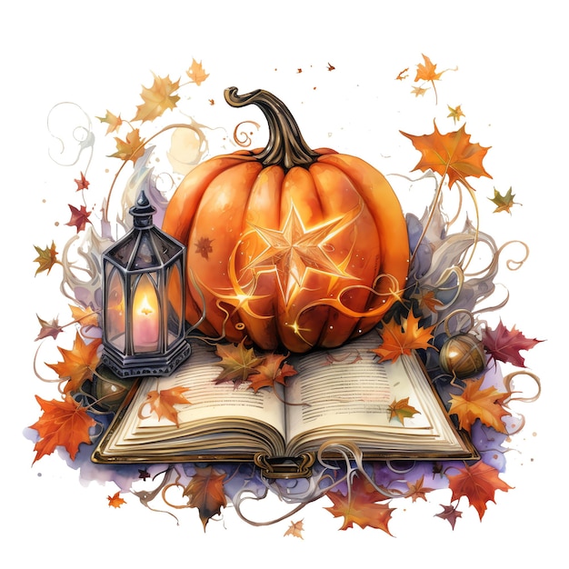 Fantasia de livro aberto de Halloween com ilustração em aquarela de abóbora clipart de halloween