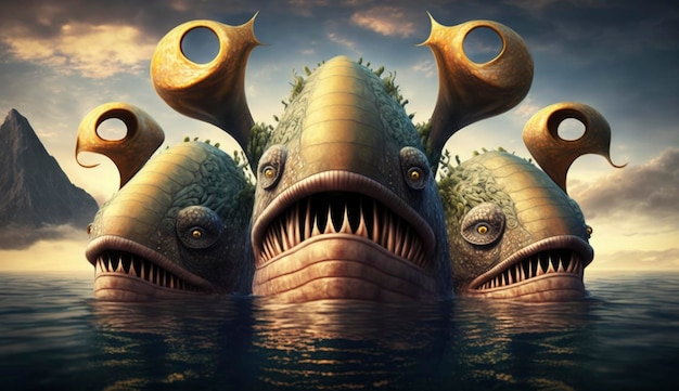 Fantasia de monstro marinho de três cabeças Ilustração 3D arte digital paisagem papel de parede Gerar Ai