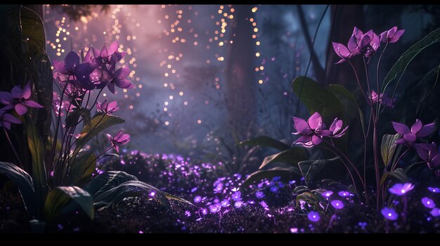 Foto fantasia de plantas roxas brilhantes na floresta com luzes no fundo generative ai