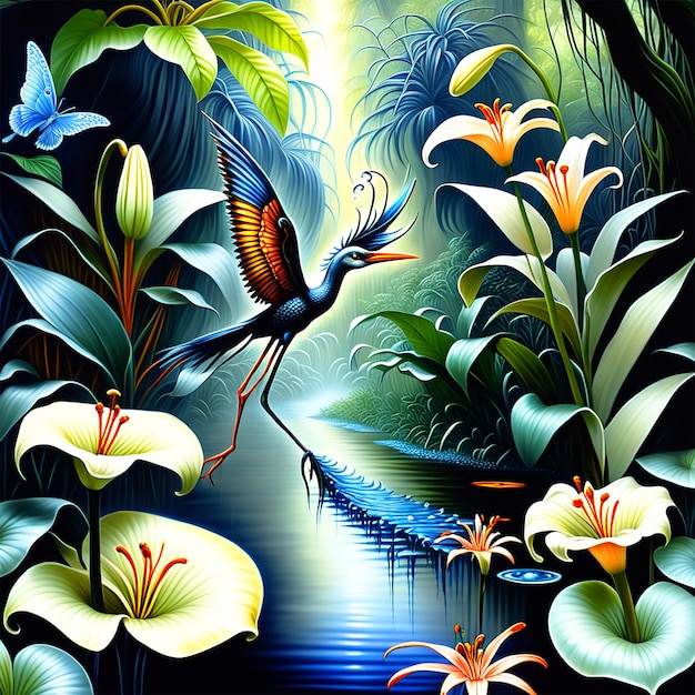 fantasia detalhada pintura a óleo hiper-realista de um encantador rio de selva de fantasia com um grande e longo