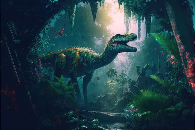 Fantasia em dinossauro ou predador no cenário da selva profunda