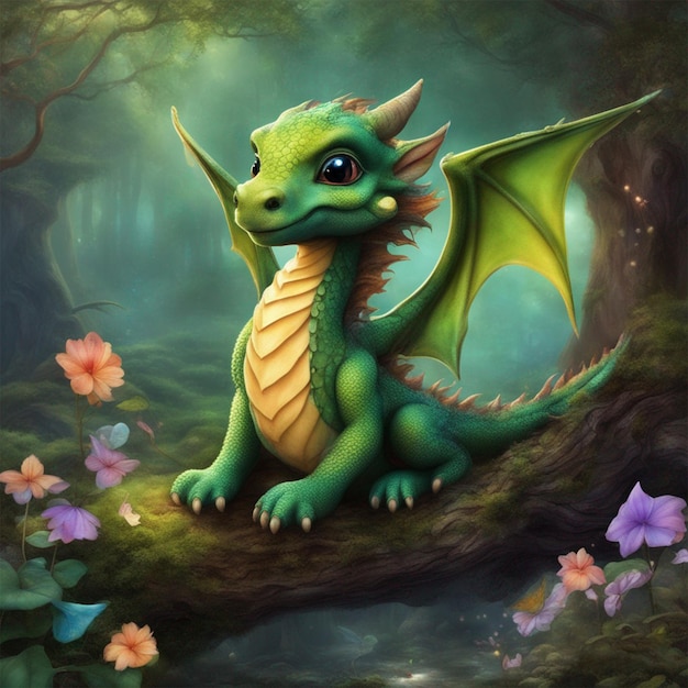 fantasia encantado floresta de fadas bebê mágico dragão arte gerada por ai