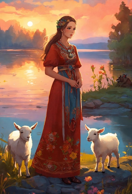 Foto fantasia estilo de desenho animado bela jovem em um vestido tradicional eslavo e uma cabra bebê ao lado de h