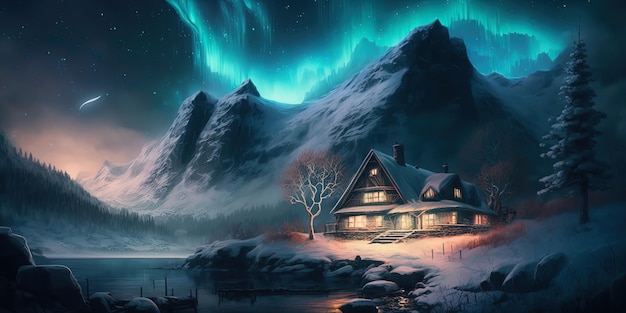 Fantasía fantástica aurora boreal hermosa escena de invierno AIGenerated