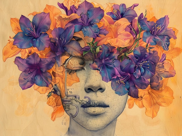 Fantasia floral surrealista envolvendo o núcleo da consciência