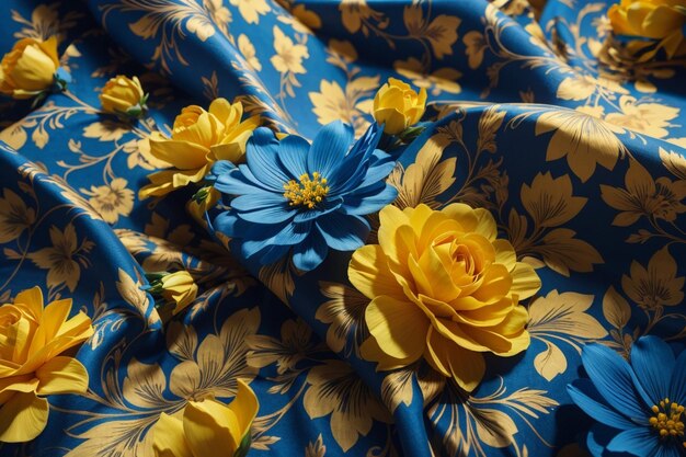 Fantasia floral tecido floral azul e amarelo