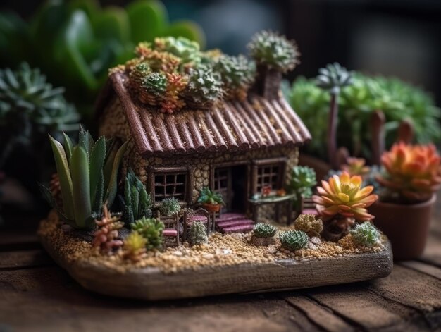 Foto fantasia flores domésticas em miniatura suculentas e cactos no jardim criadas com tecnologia de ia generativa