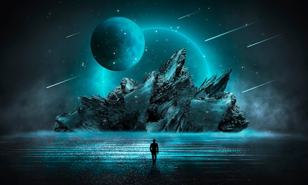 Fantasia futurista abstrata paisagem noturna com o brilho do luar da ilha e reflexo da luz na água