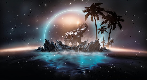 fantasia futurista de paisagem noturna com ilhas abstratas e céu noturno com galáxias espaciais