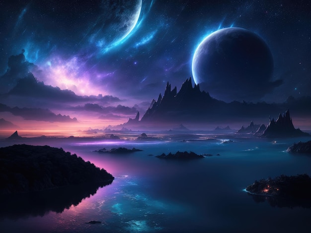 fantasia futurista de paisagem noturna com ilhas abstratas e céu noturno com galáxias espaciais