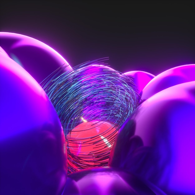 Fantasía de globos púrpura brillante y renderizado 3d de fondo abstracto