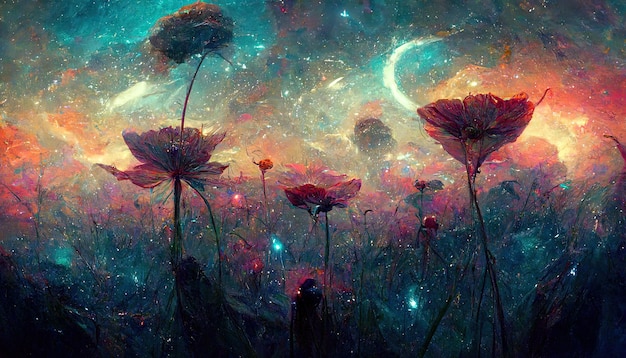 Fantasía hada cola flores florecientes abstractas con galaxia espacio universo ilustración en segundo plano.