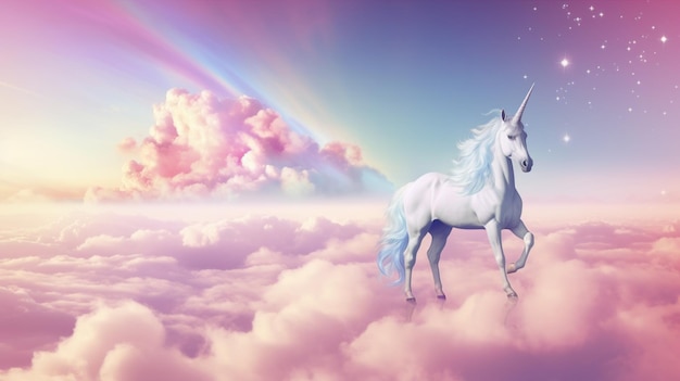 Foto fantasía holográfica arco iris unicornio fondo con nubes cielo de colores pastel paisaje mágico