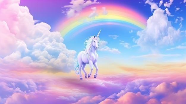 Fantasía holográfica arco iris unicornio fondo con nubes cielo de colores pastel paisaje mágico