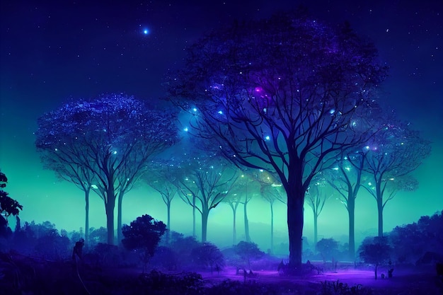 Fantasía de ilustración 2D del bosque de neón en el hermoso cielo. El colorido brillante parece un cuento de hadas.