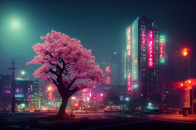 Fantasía japonesa noche vista ciudad paisaje urbano luz de neón residencial rascacielos edificios rosa cereza sakura árbol noche anime urbano fantasía