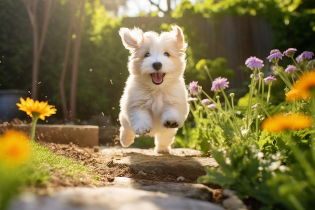 Fantasía de jardín de un cachorro juguetón