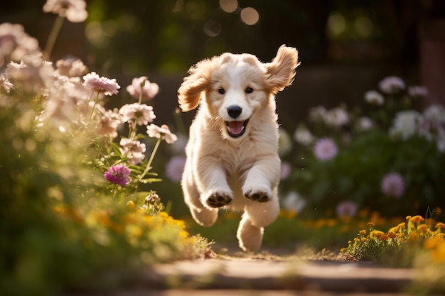 Fantasía de jardín de un cachorro juguetón