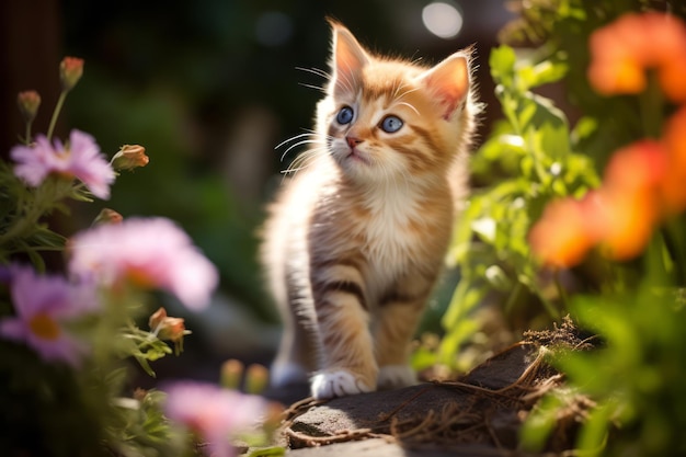 Fantasía de jardín de un gatito juguetón