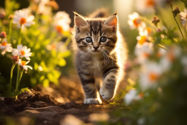 Fantasía de jardín de un gatito juguetón