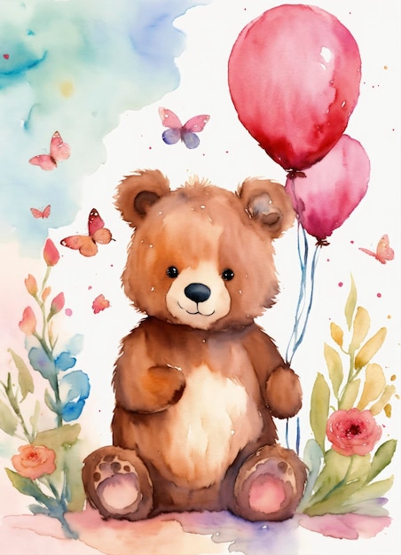 Fantasía lindo feliz cumpleaños oso con mariposa estilo acuarela