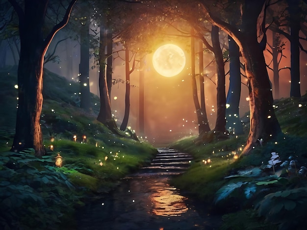 Fantasia mágica cenário de conto de fadas noite em uma floresta ai gerado