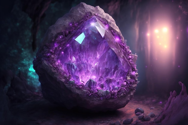 Fantasía mágica cristal amatista mística brilla desde el interior Piedra de cristal púrpura natural en la cueva del bosque una piedra preciosa ilustración 3d