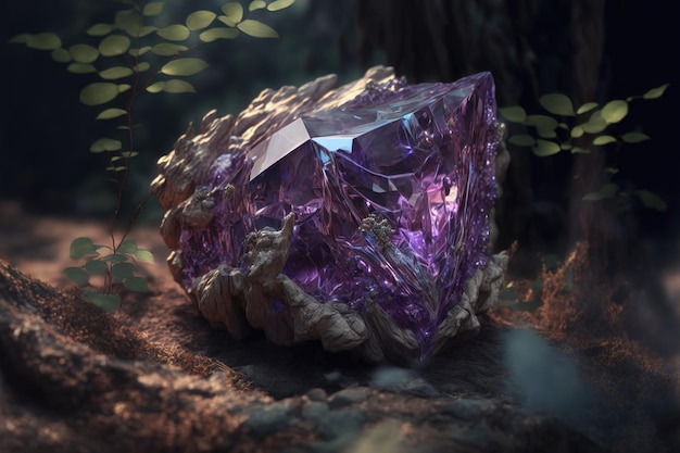 Fantasía mágica cristal amatista mística brilla desde el interior Piedra de cristal púrpura natural en la cueva del bosque una piedra preciosa ilustración 3d