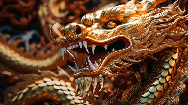 Fantasía mágica de ensueño Oro Dragón Animales Cabeza de bestia Retrato Arte generado Obra de arte brillante impresión en negrita