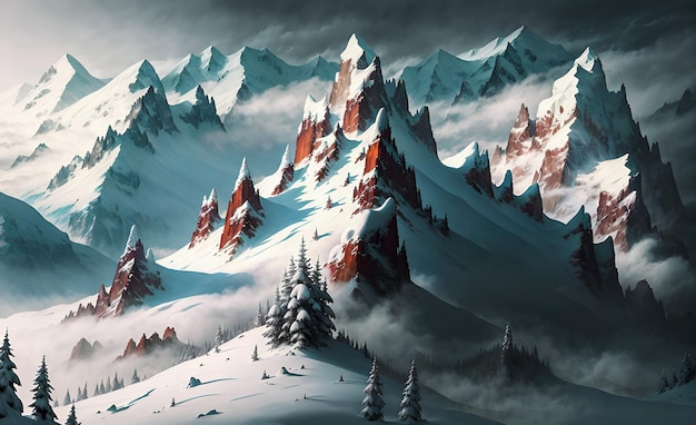 Fantasía majestuosa Montañas cubiertas de nieve Resplandeciente Color de neón tema paisaje fondo pared arte Generado por IA