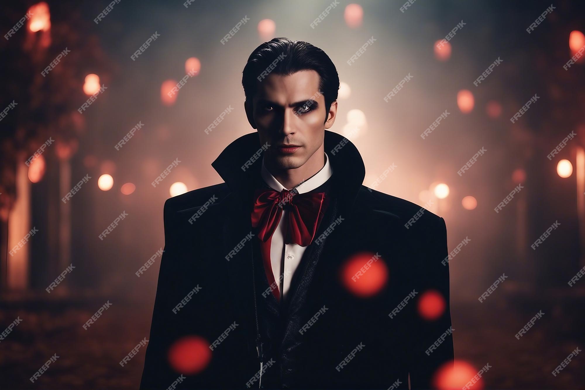 Fantasia masculina de vampiro assustador para o halloween em um fundo  desfocado