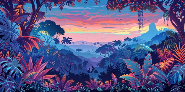 Fantasía Misterioso Bosque Tropical Paisaje Fondo Panorama Concepto Dibujo Neo Juego Arte 1