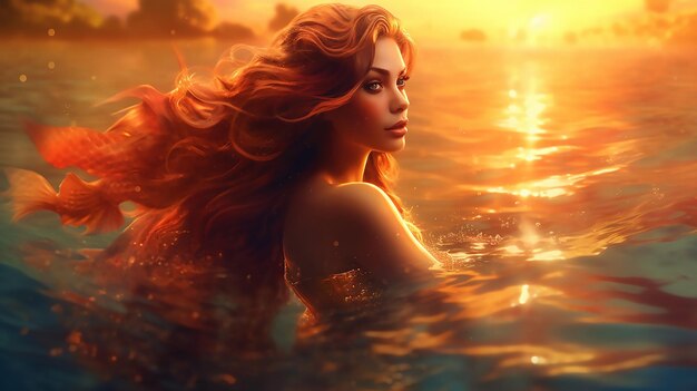 Fantasía mujer pez dorado océano sirena espíritu místico puesta de sol luz